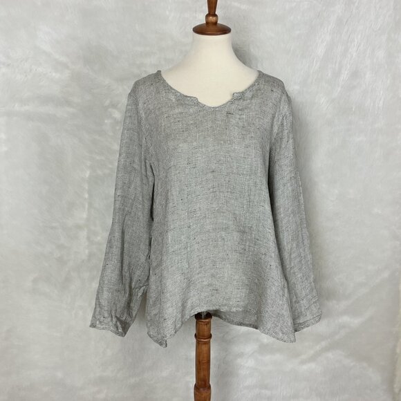 Flax 100% Linen Bird's Eye Off-White & Gray Woven Roll Tab Sleeve Blouse M - Picture 1 of 7